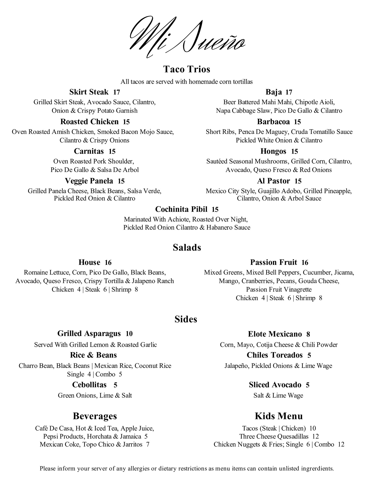 Us Menu Mi Sueño Upscale Mexican Cuisine & Cocktails | Menu