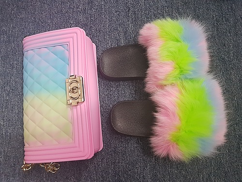Tropical fur slippers and designer handbag set