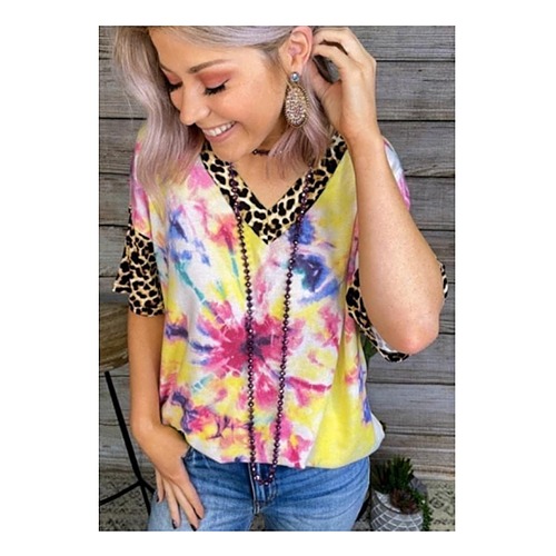 Tie-Dyed Top with Leopard Trim