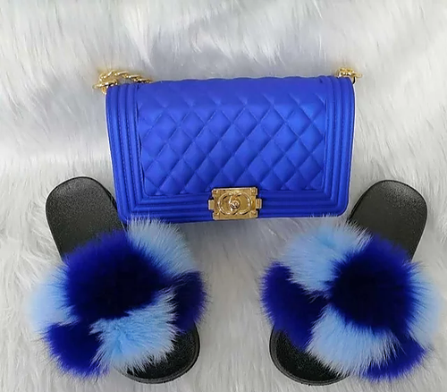 Tropical fur slippers and designer handbag set