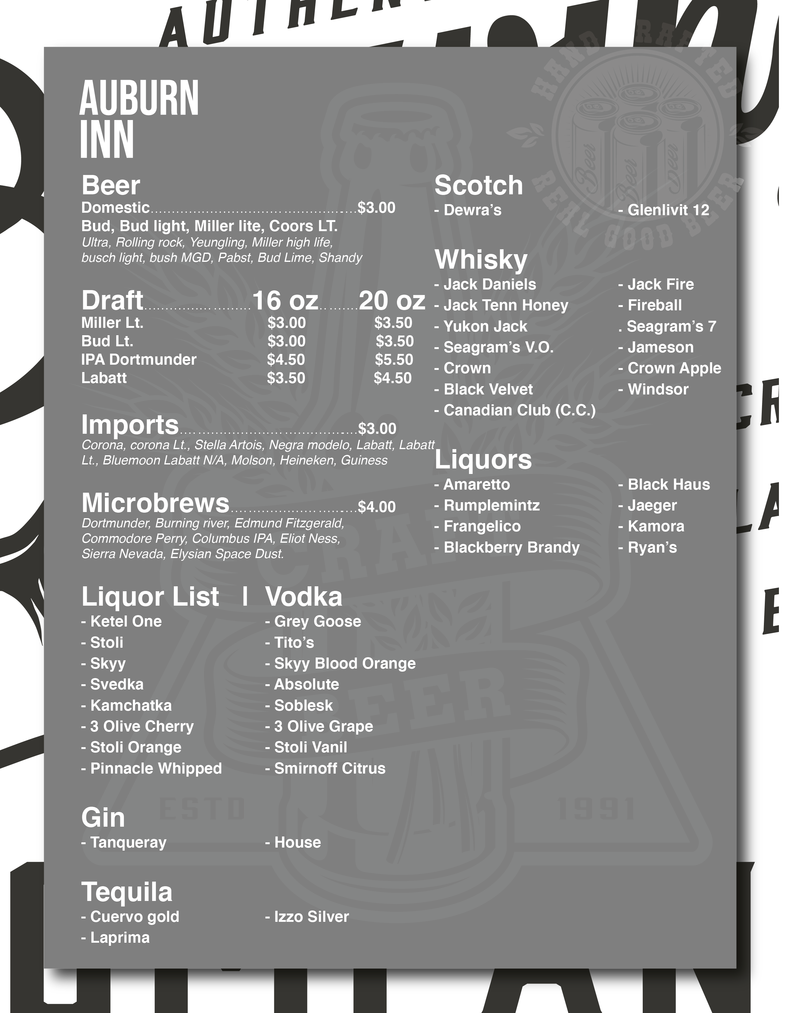 Auburn Inn A local fun neighborhood tavern Auburn Inn Menu