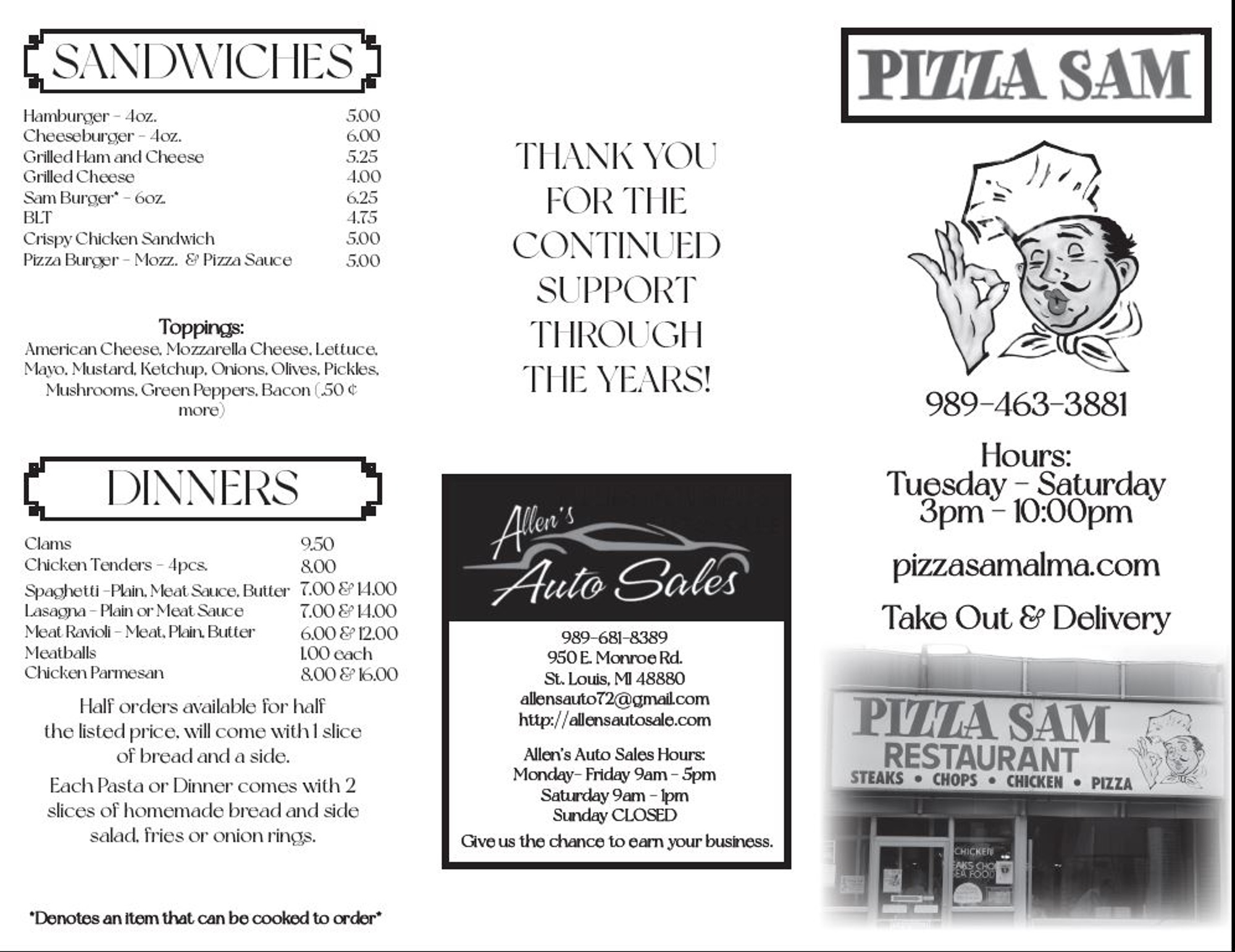 MENU Pizza Sams Alma