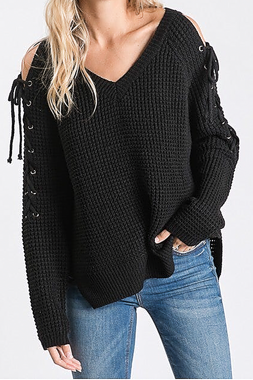 Black V Neck Cold Shoulder Sweater