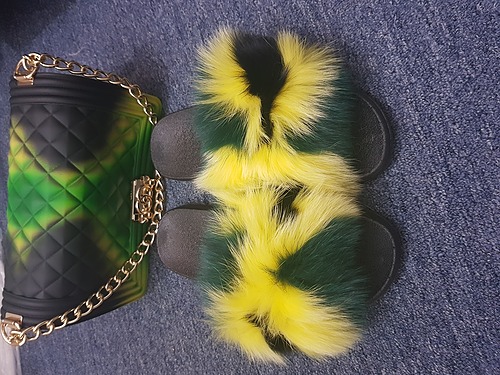 Tropical fur slippers and designer handbag set