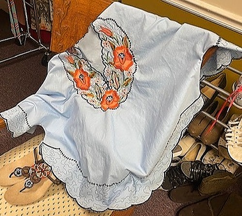 Anthropologie Light Blue Silk Blouse with Orange Floral Embroidery