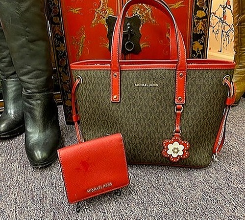 Michael Kors Black and Red Handbag and Wallet Set