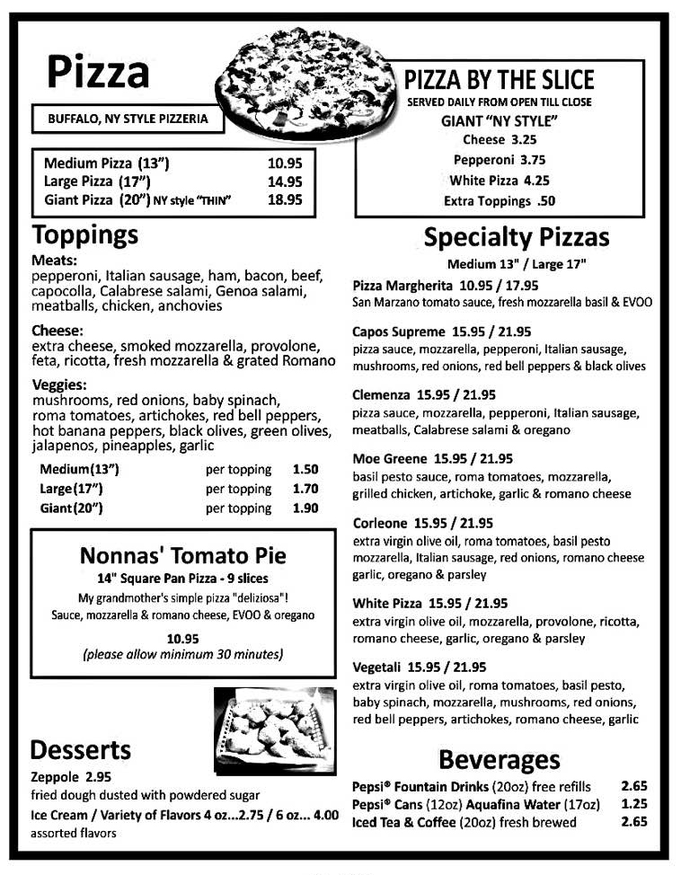 Capos Pizzeria Texas Menu