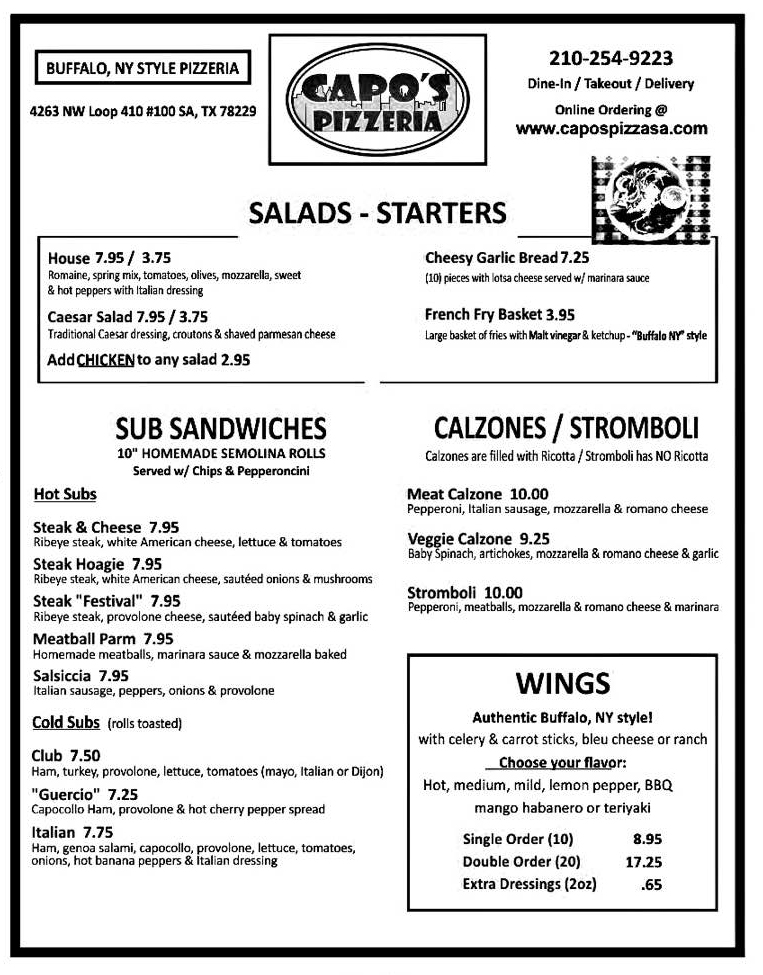 Capos Pizzeria Texas Menu
