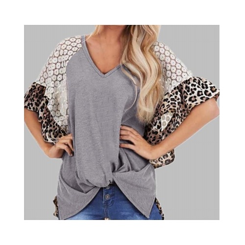 Gray Lace and Leopard Embellished Bell Sleeve Top
