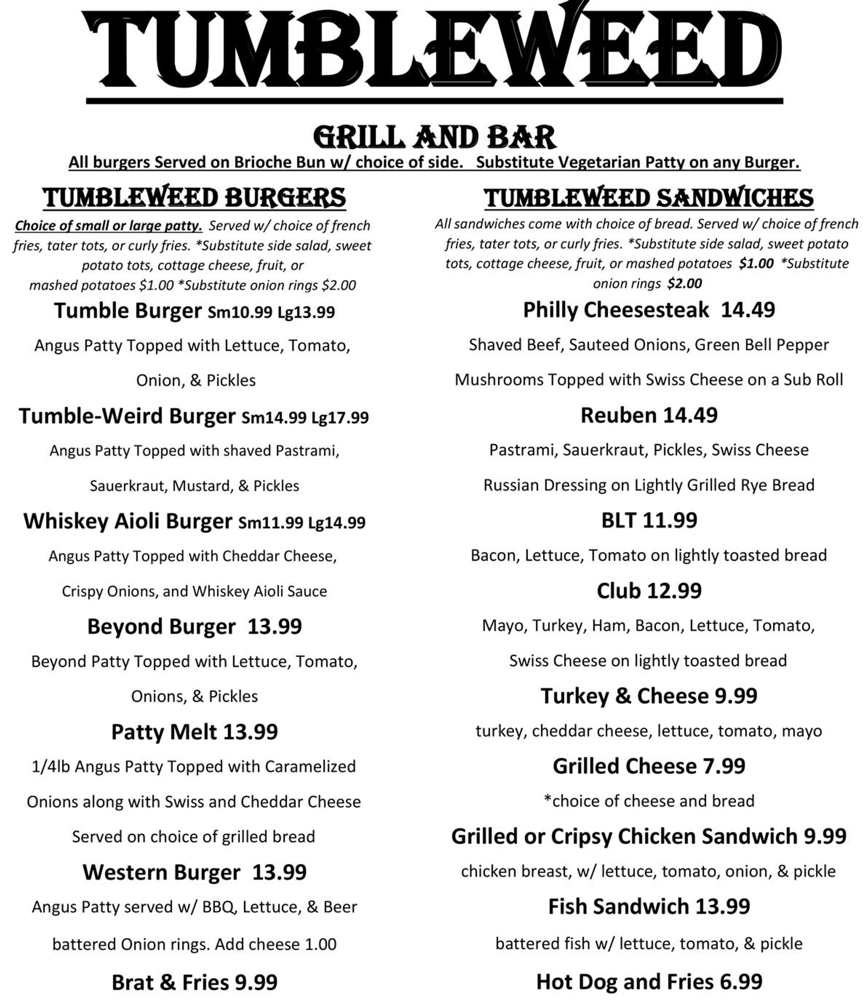 Tumbleweed Grill Bar Menu