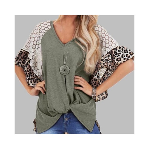 Moss Lace and Leopard Embellished Bell Sleeve Top