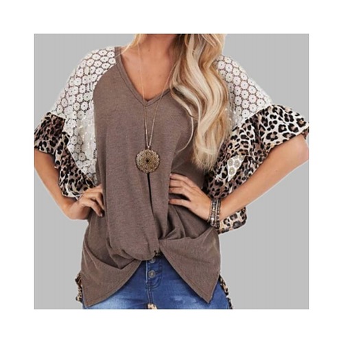Mocha Lace and Leopard Embellished Bell Sleeve Top