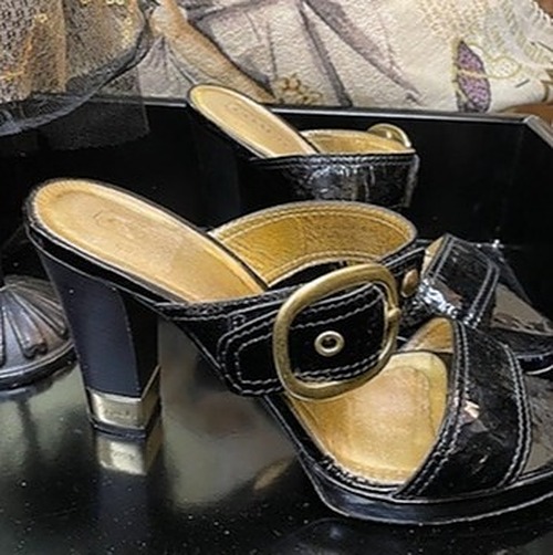 Coach Black Leather Paton and Gold Sandals